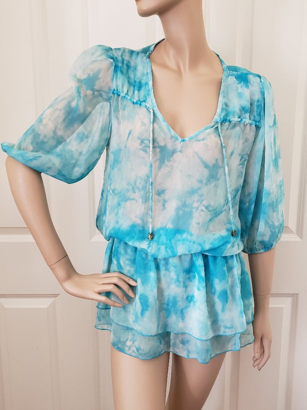 Dotti Tie Dye Blousan Tunic SZ S Blue White